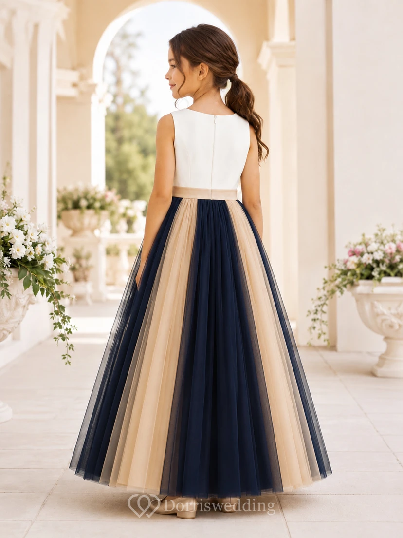 Dark Navy Color Block A-Line Tulle Flower Girl Dress, Sleeveless Jewel Neck, Pleated Floor-Length Formal Ceremony view 2