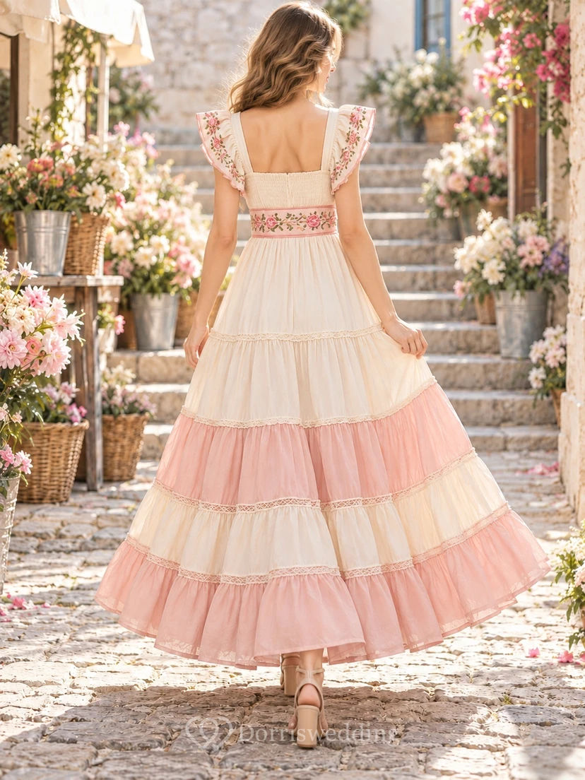 Square Neck Cumbia Ivory Pink Floral Sash Tiered Folk Dress view 2