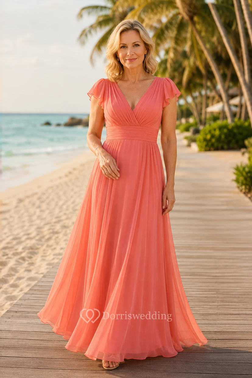 Korallenfarbenes Chiffon-Kleid in A-Linie mit V-Ausschnitt und Volantärmeln