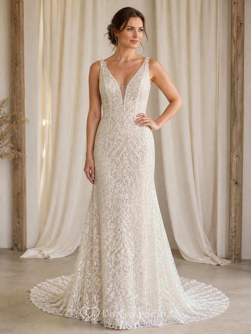 Vestido de novia bohemio largo hasta el suelo, de corte recto, escote en V y sin mangas, con detalles calados y densos.