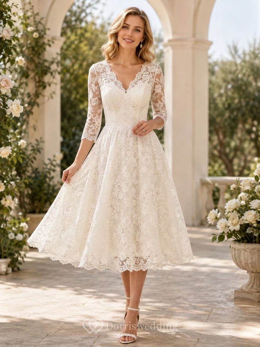 Vestido de novia de manga larga, largo midi, de encaje y corte en A para renovación de votos