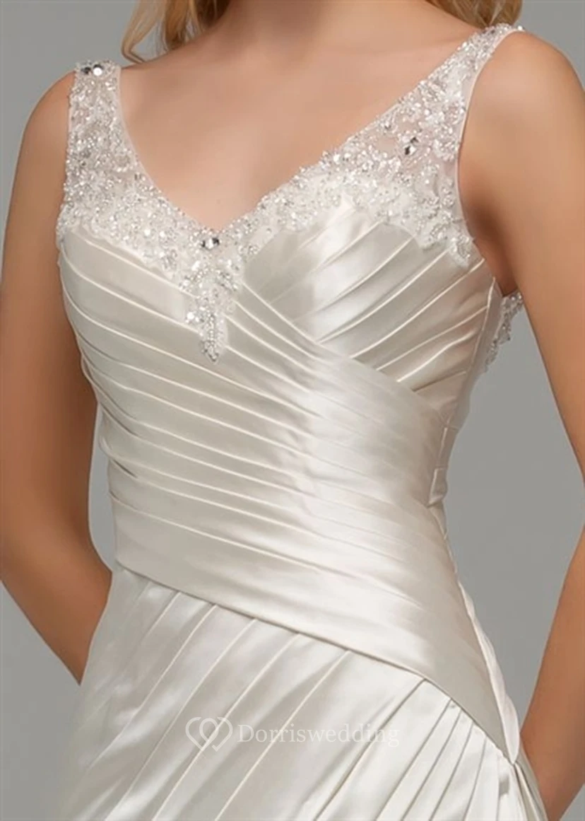 Floor-Length V-Neck Ruched Satin Wedding Dress With Brush Train And Lace Up view 3