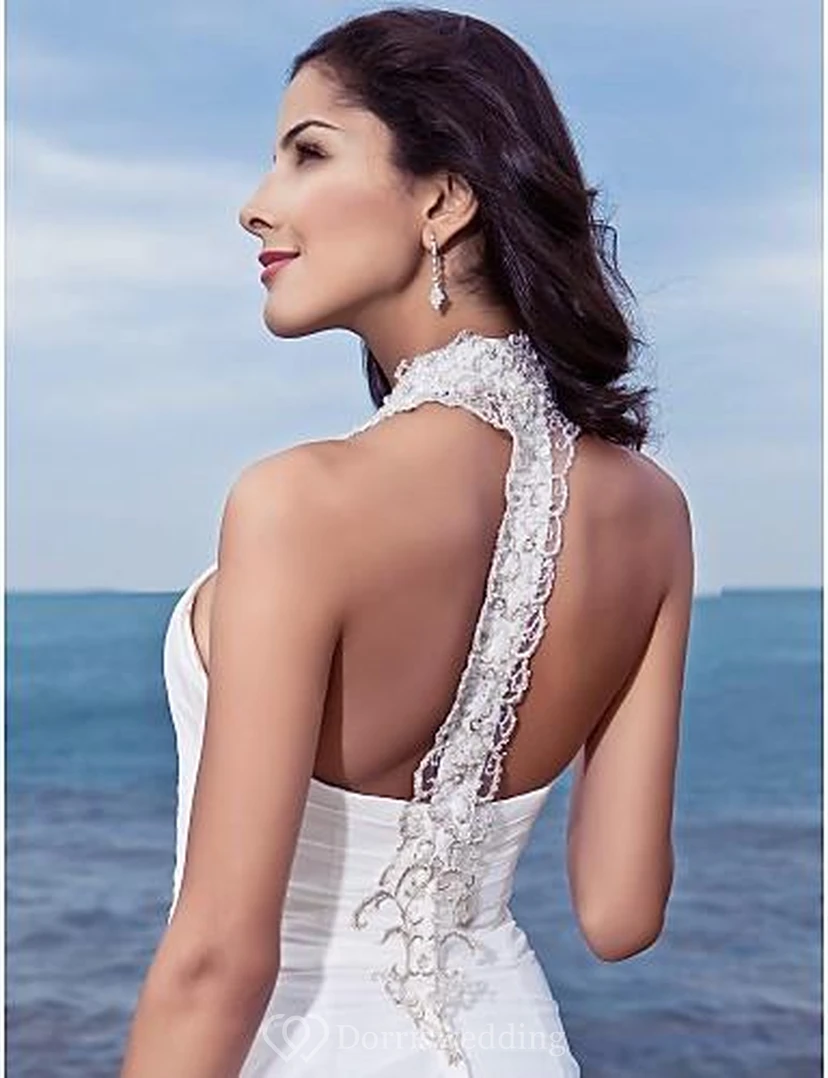 sheath Halter Court Train Chiffon Beach Wedding Dress view 3