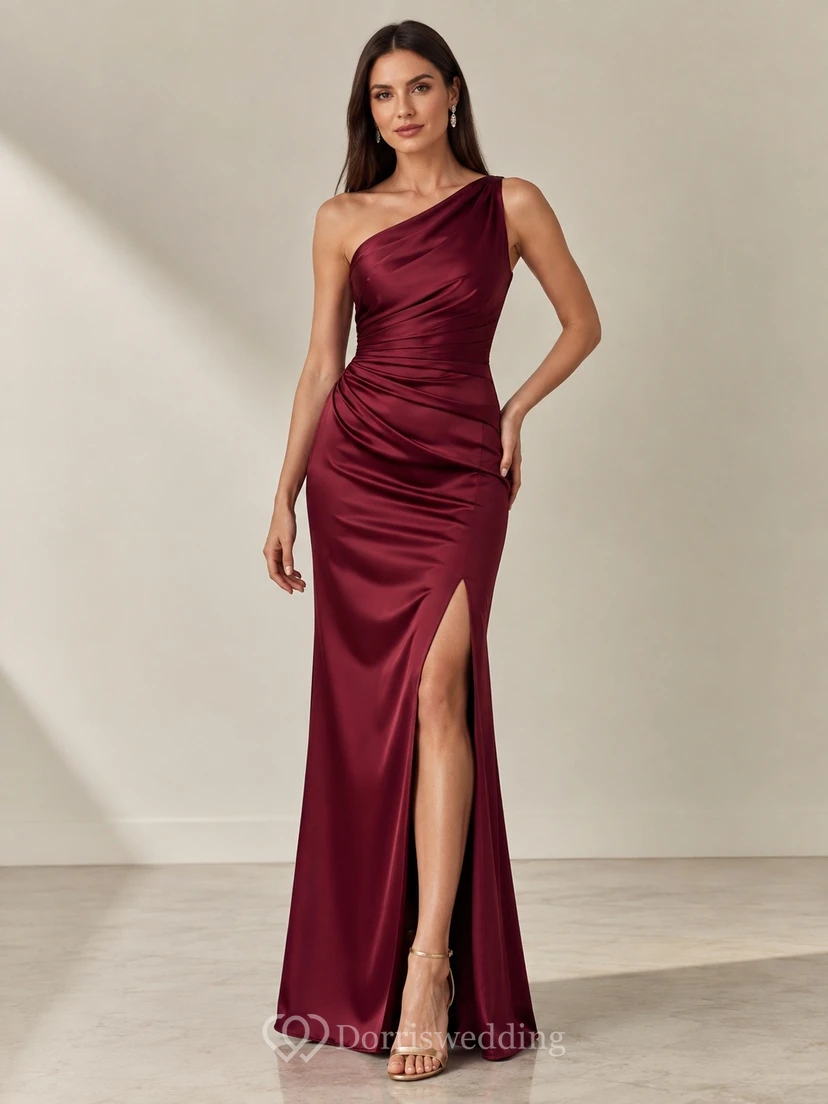Burgundy Satin One-Shoulder Sleeveless Sheath Tea-length Split Dress