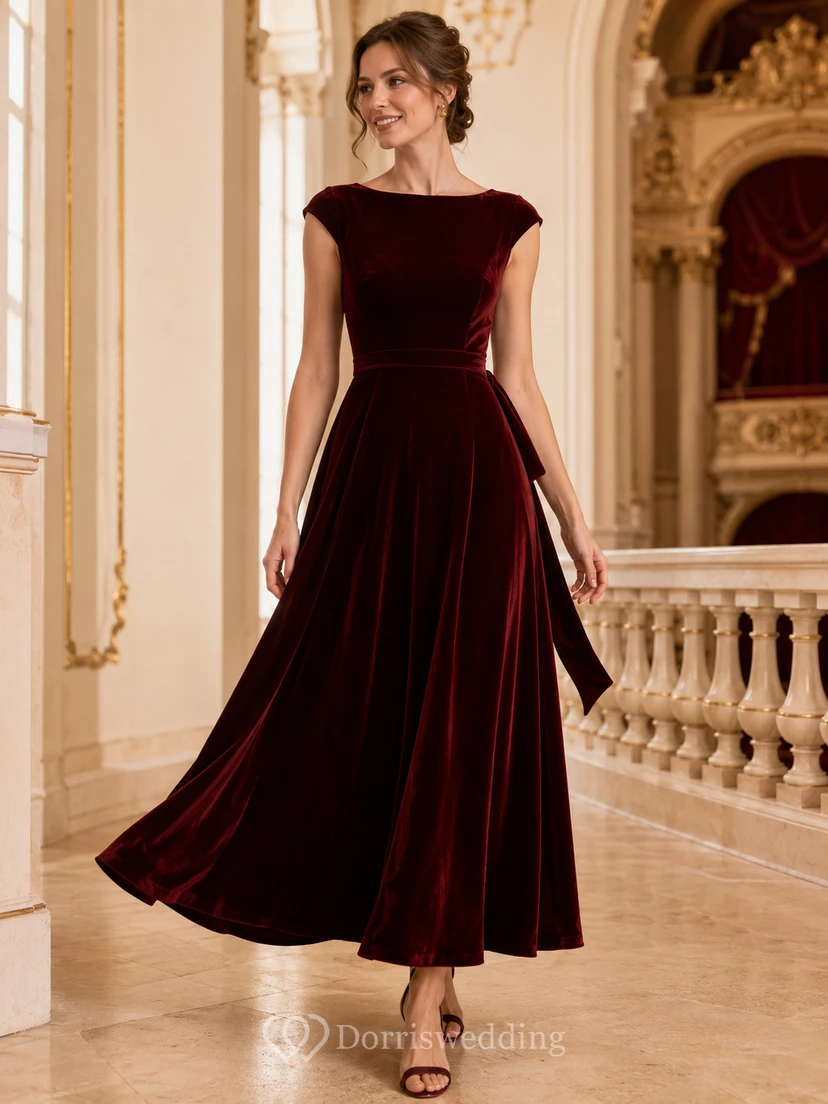 Burgundy Bateau Cap Sleeve Velvet A Line Ankle Formal Guest Dress
