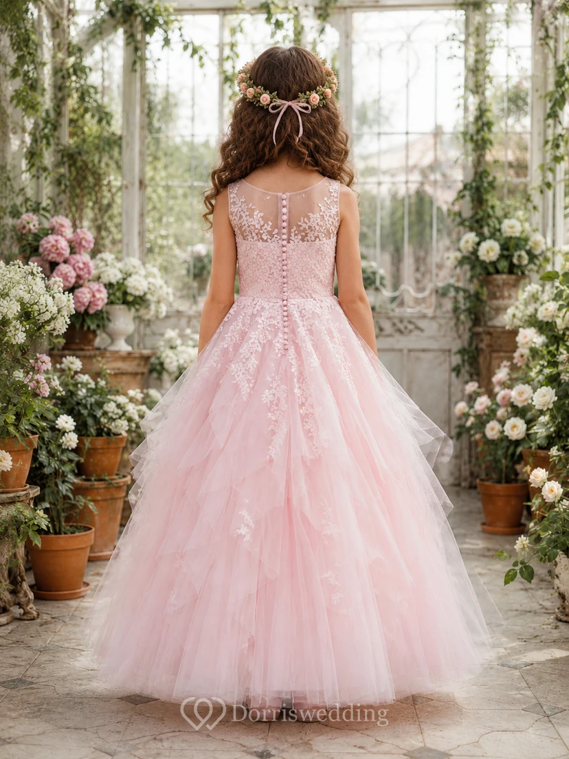 Blumenmädchenkleid aus rosafarbenem Tüll, A-Linie, Rundhalsausschnitt, Teelänge view 2
