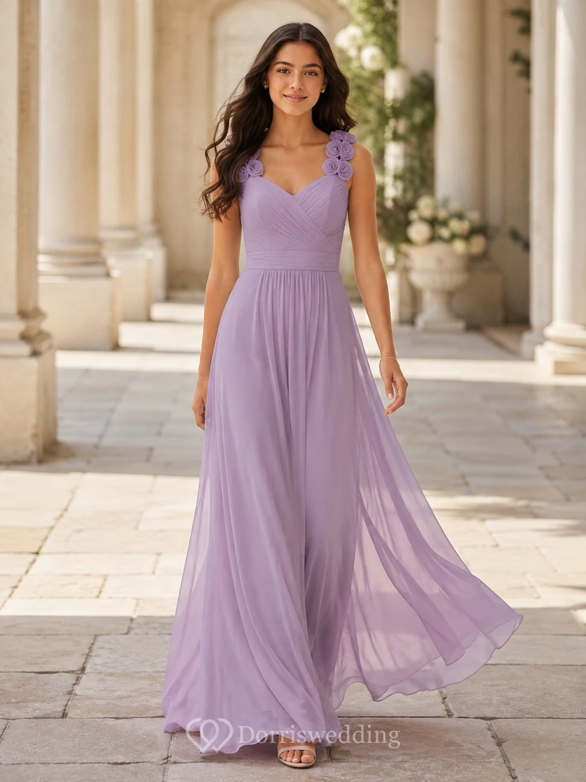Lavendelfarbenes Brautjungfernkleid für junge Frauen, A-Linie, herzförmig, ärmellos, Chiffon, mit floralen Details, romantisch