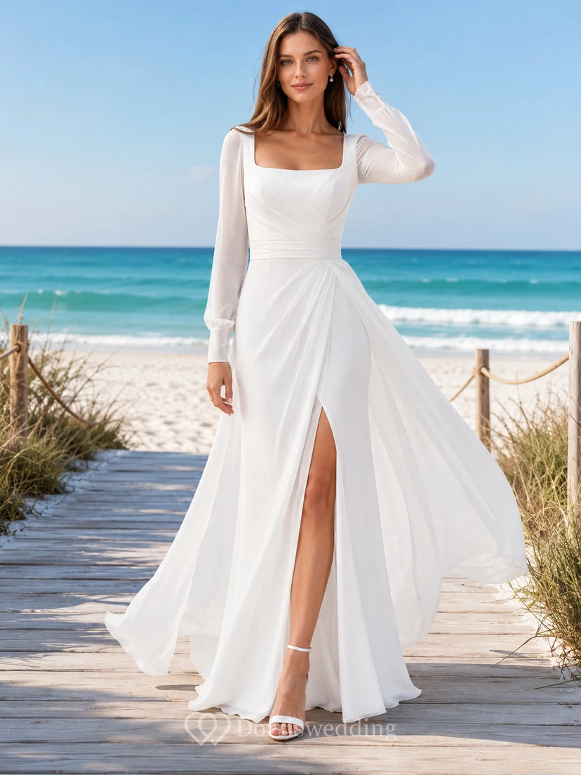 Modern Square Neck Long Sleeve Ruched Split Chiffon Sweep Beach Wedding Dress
