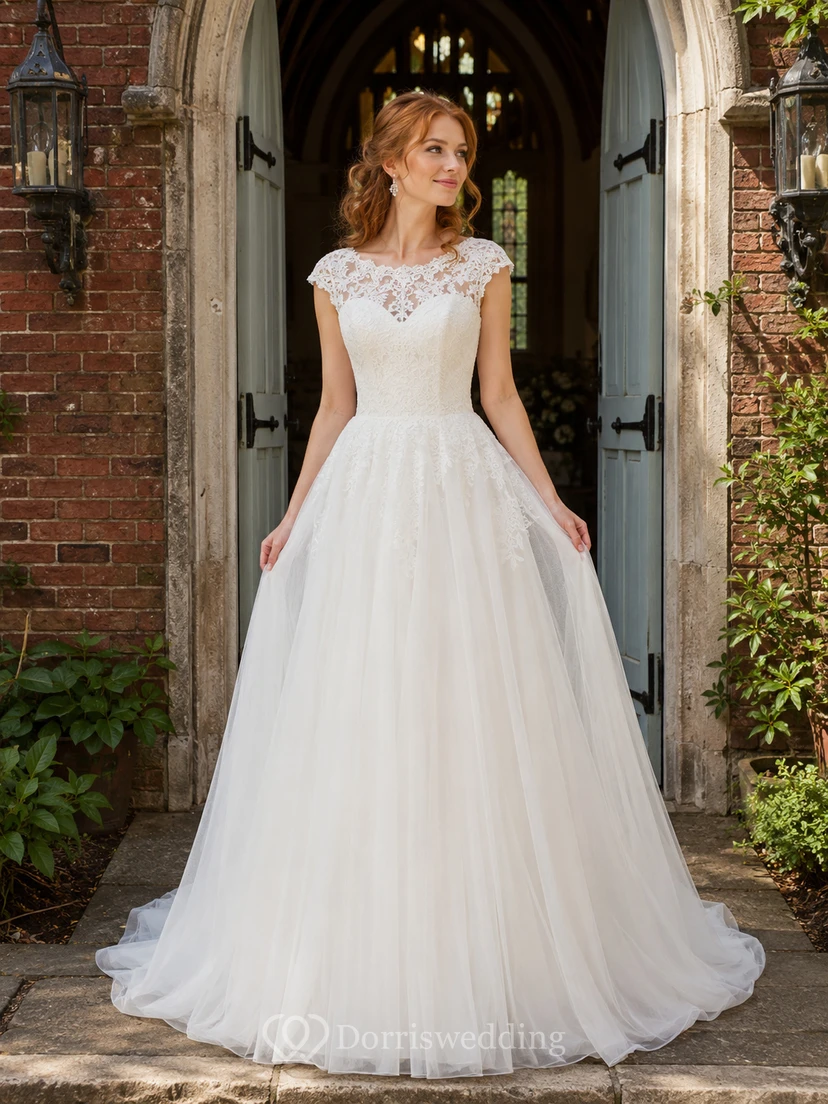 Ballkleid mit kurzen Ärmeln, Spitzenoberteil und Kapellenbrautkleid