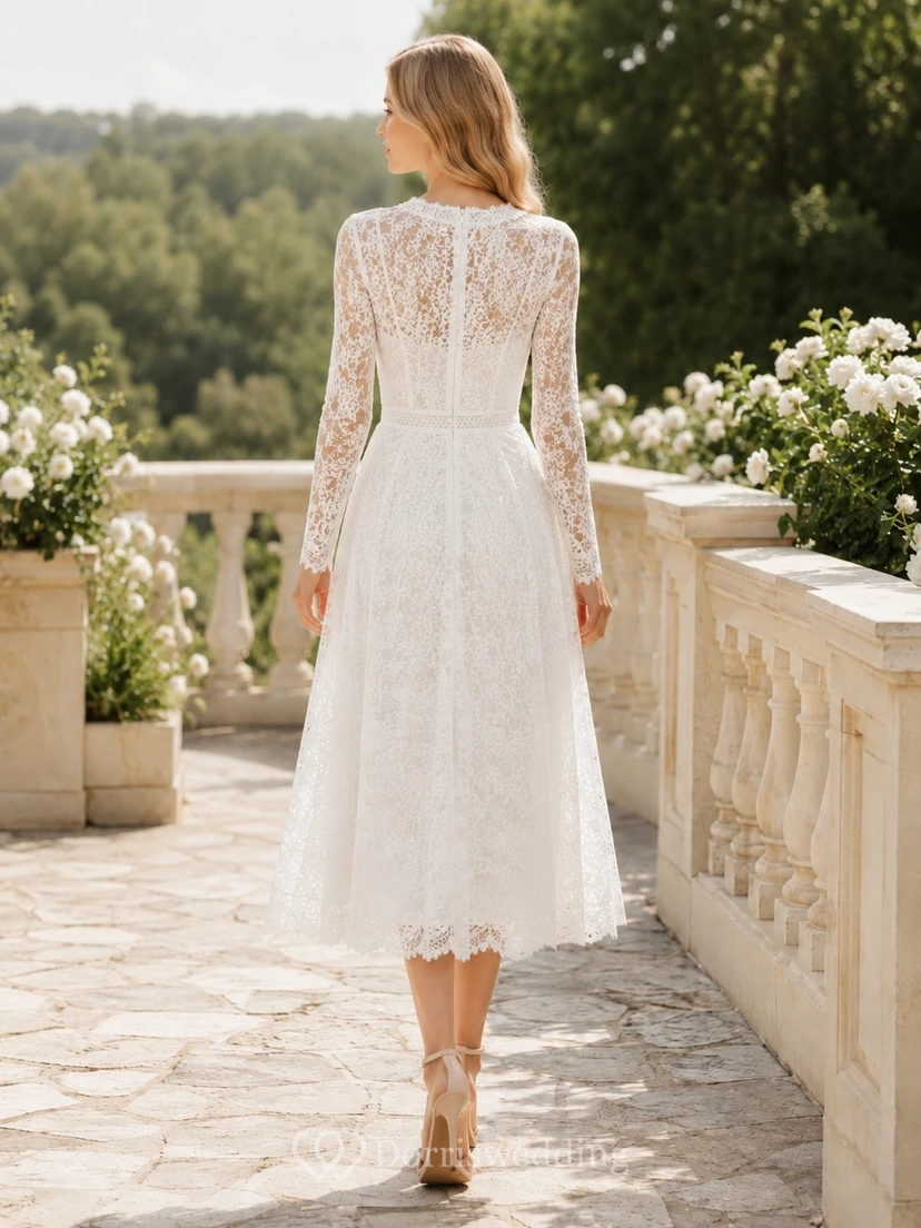 Teelanges, langärmeliges, schlichtes Brautkleid aus Spitze mit V-Ausschnitt, romantischem Design view 2