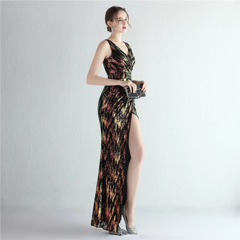 Nouvelle jupe longue fendue à sequins Aura Queen, style banquet de célébrités. view 22
