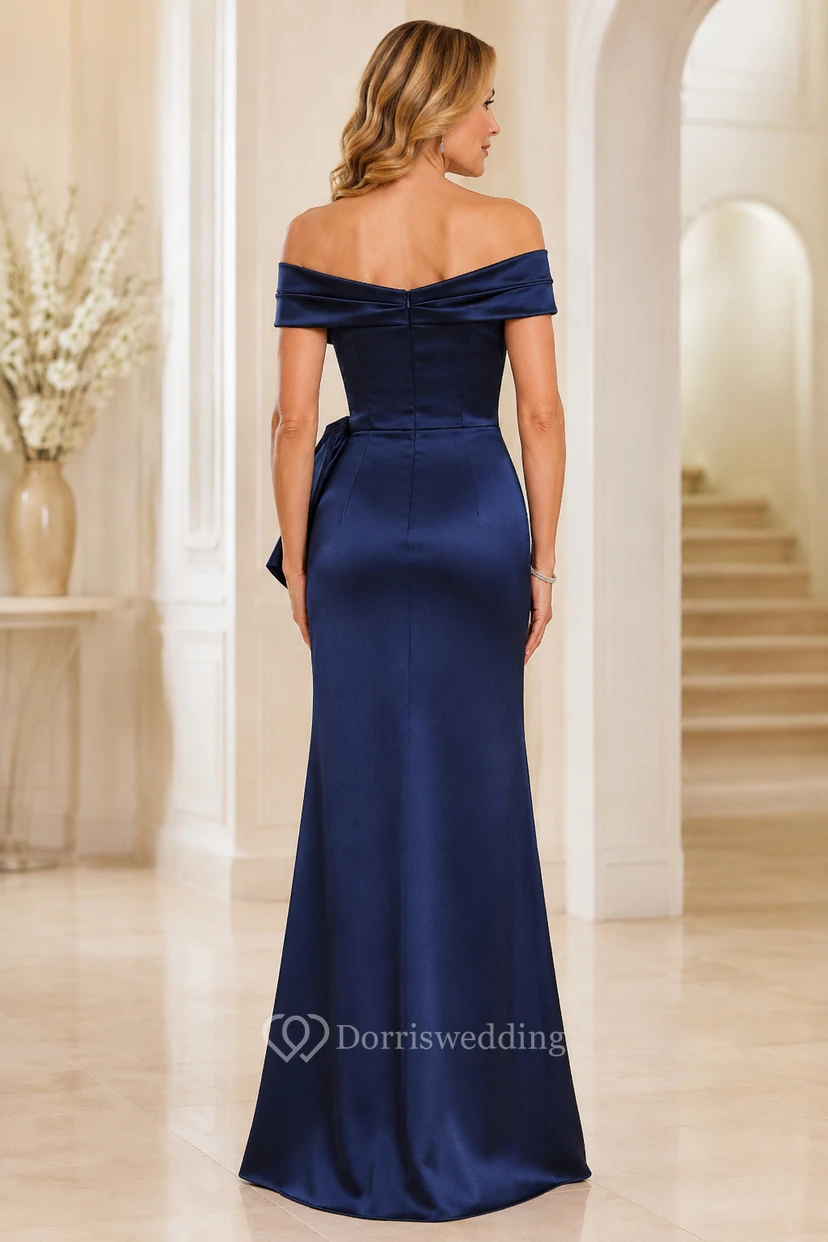 Dark Navy Off-the-Shoulder Satin Sheath Formal Dress with Side Bow view 2