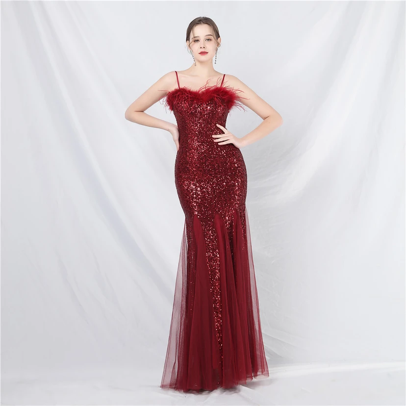 Craft Ostrich Feather Mesh Sequined Long Evening Dress view 19