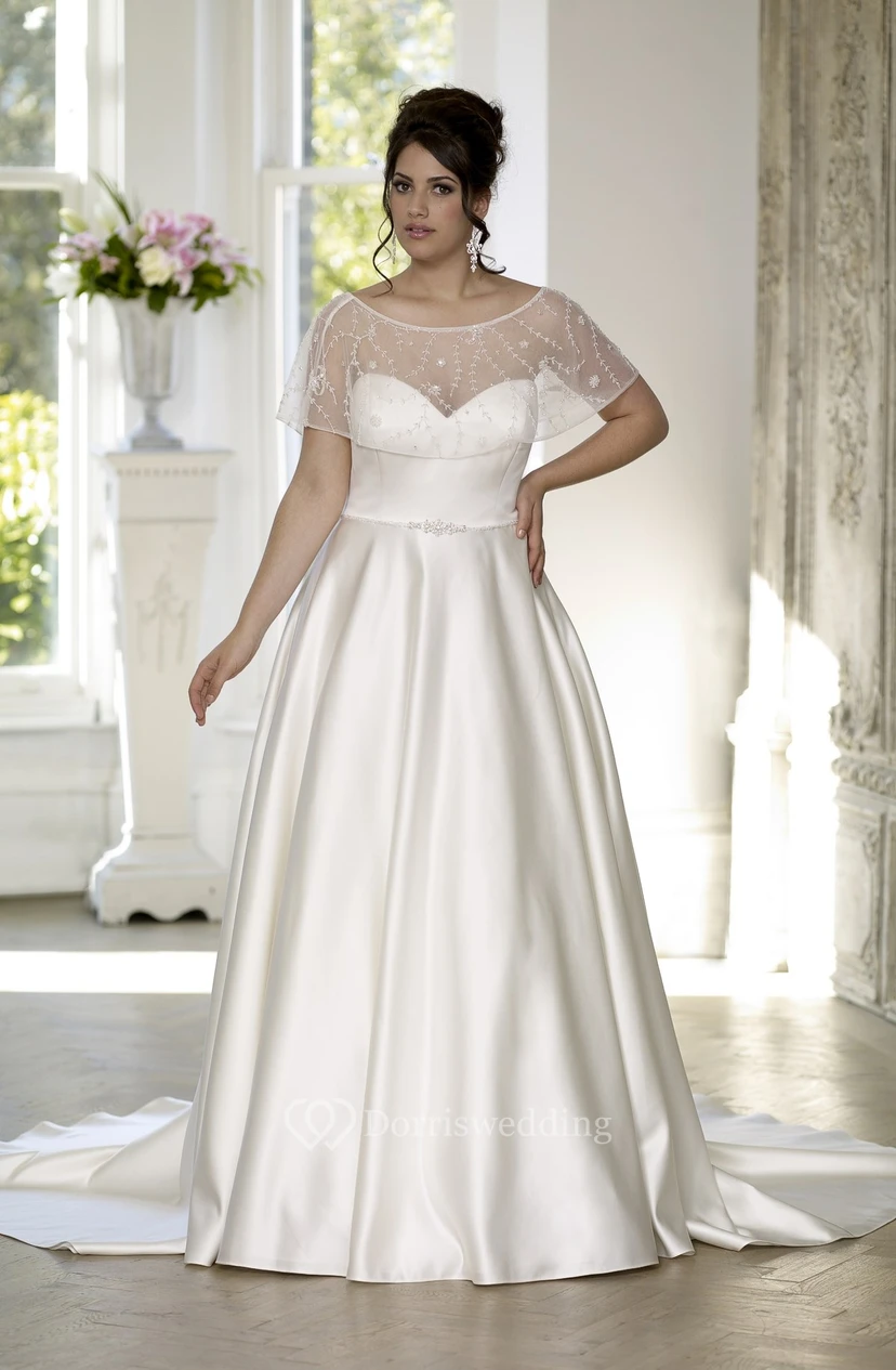 A-Line Floor-Length Sweetheart Satin Court Train Lace-Up Back Cape Dress