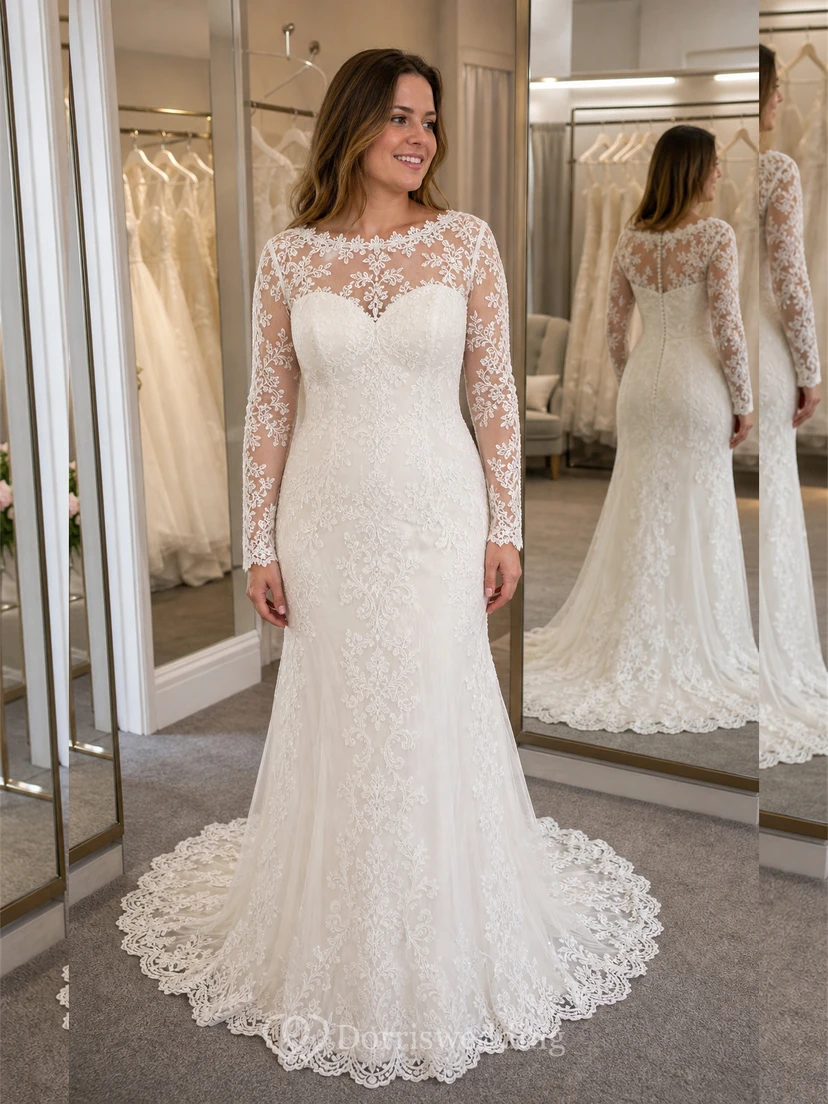 Sheath Long-Sleeve High Neck Tulle&Lace Wedding Dress With Sweep Train view 6