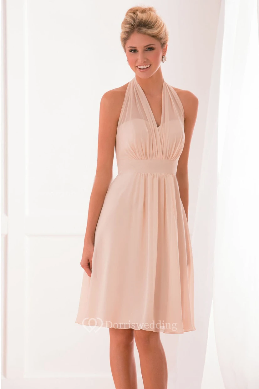 Halter V-Neck Knee-Length Bridesmaid Dress With Pleats