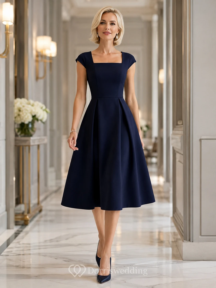 Vestido de invitada de corte A, largo midi, largo hasta la rodilla, de satén, manga corta, corte cuadrado, color azul marino oscuro, con pliegues y cremallera en la espalda.