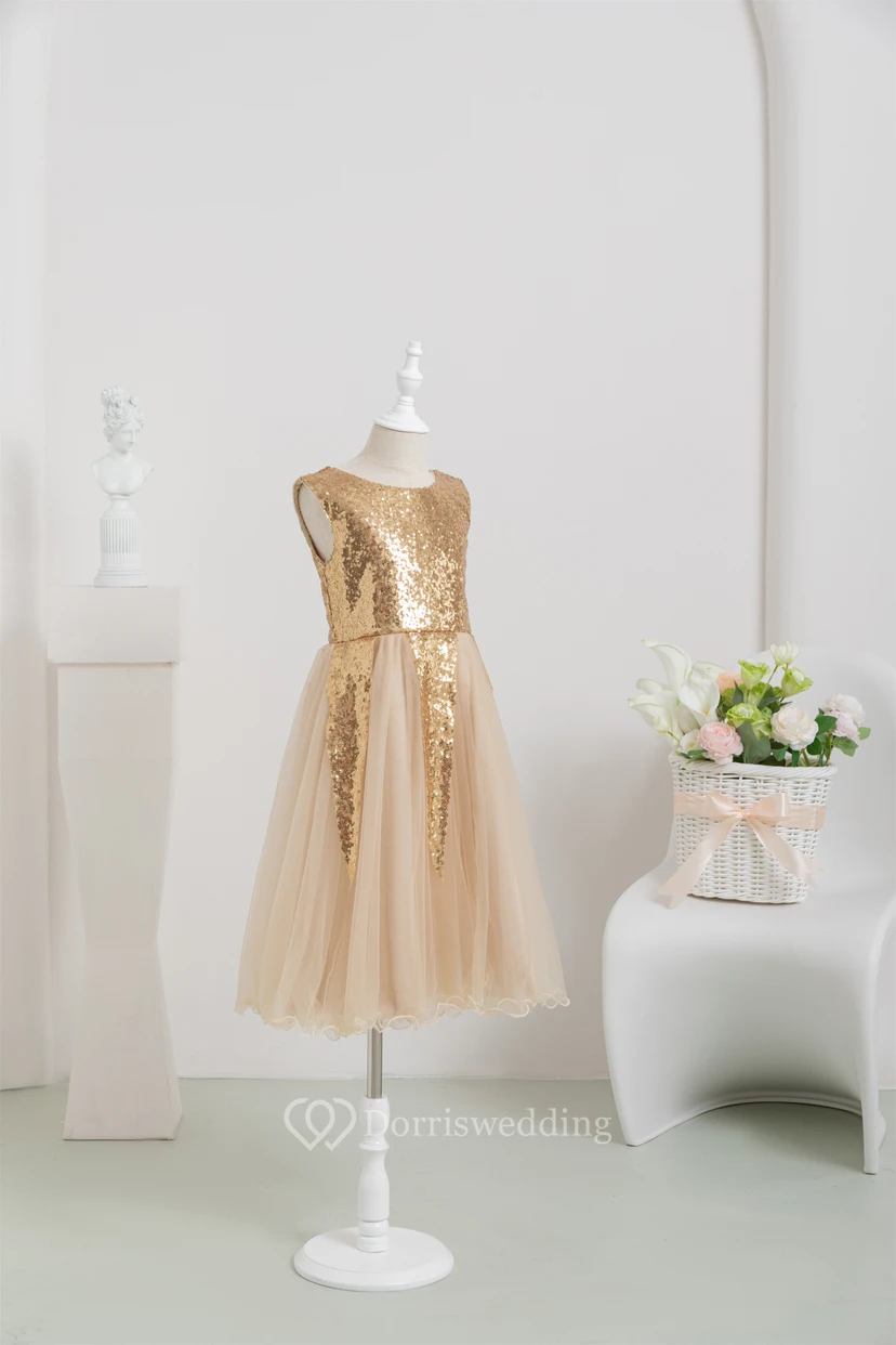 Sequin Tulle A-line Pleated Flowergirl Dress with Zipper Back view 3