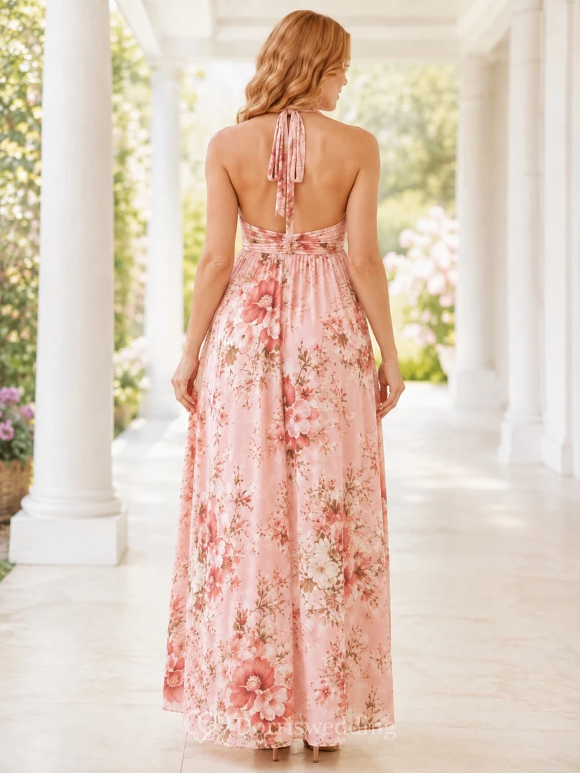 Maternity Pink Floral High Neck Halter Empire Floor-Length Dress view 2