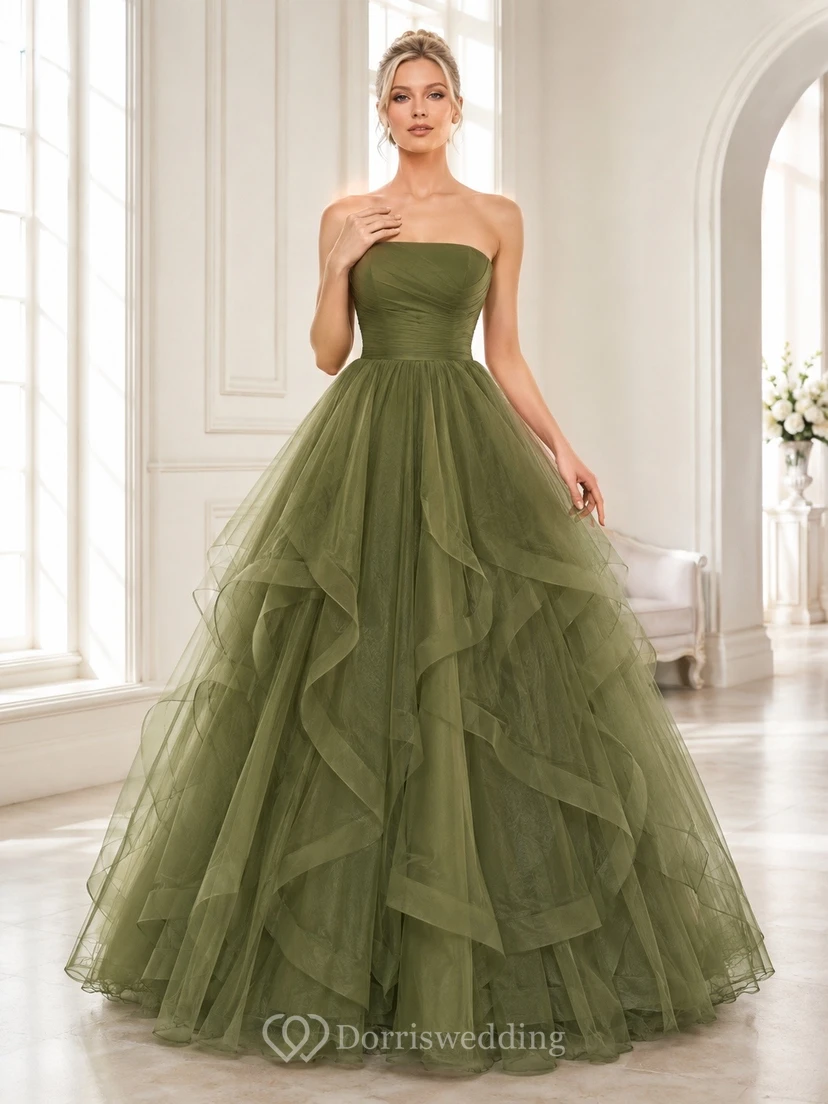 Olive Green Tulle Strapless Tiered Ball Gown Floor-length Formal Dress