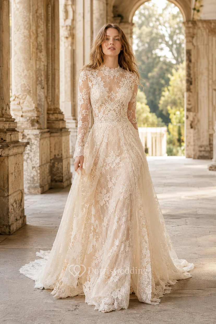 Brautkleid in A-Linie aus Spitze mit langen Ärmeln, hohem Kragen und Kapellenschleppe