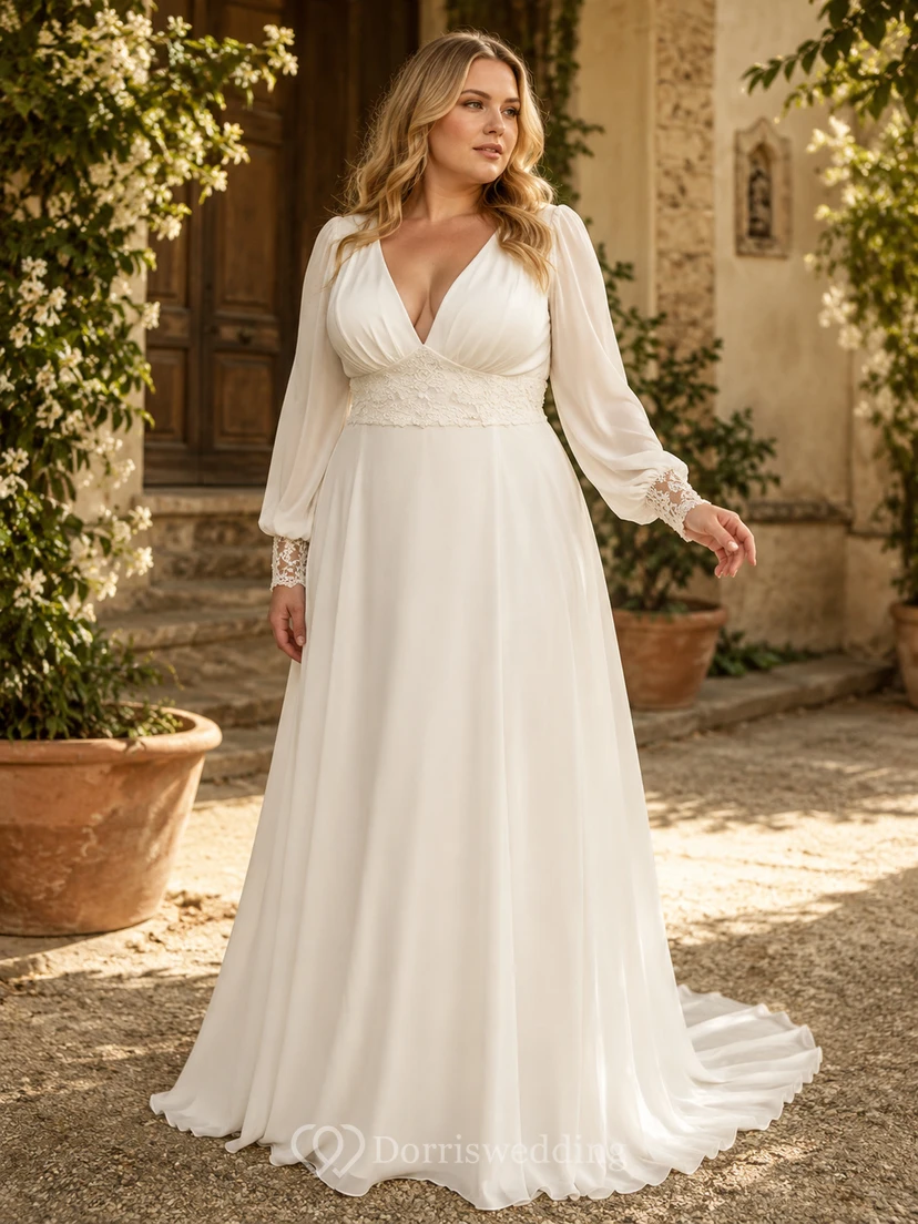 Langärmeliges Chiffon-Brautkleid in A-Linie mit offenem Rücken aus Spitze view 4