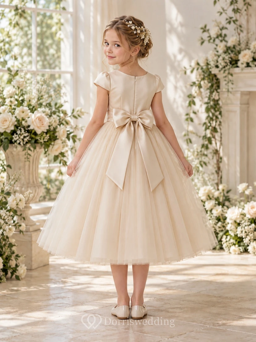 Tea-length Simple Ivory A-line Tulle Cap-sleeve Satin-bodice Bow-back Flower Girl Dress view 2