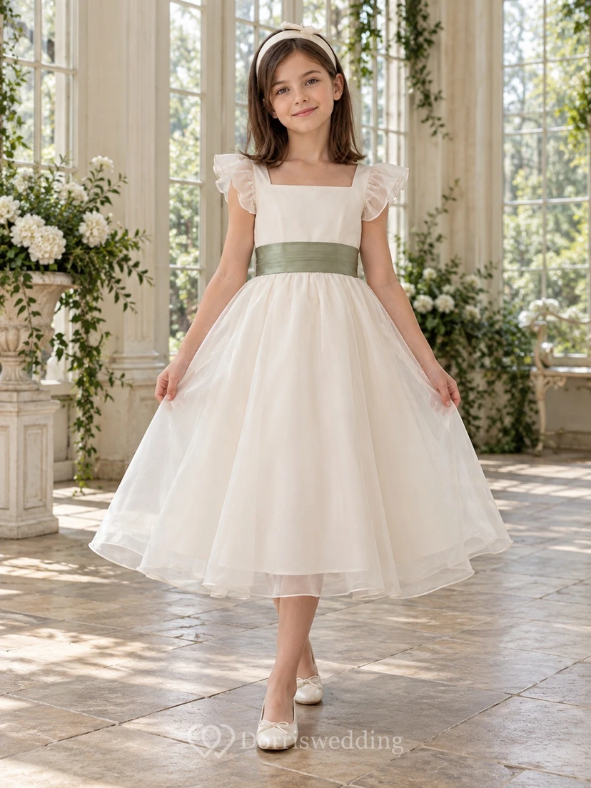 Ivory Square Neck Ruffle Sleeve Sage Sash Flower Girl Dress