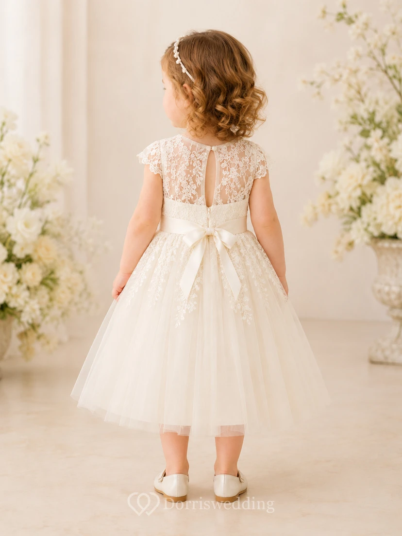 Romantic Lace Tea-Length A-Line Flower Girl Garden Wedding Dress With Cap Sleeves and Satin Bow view 2