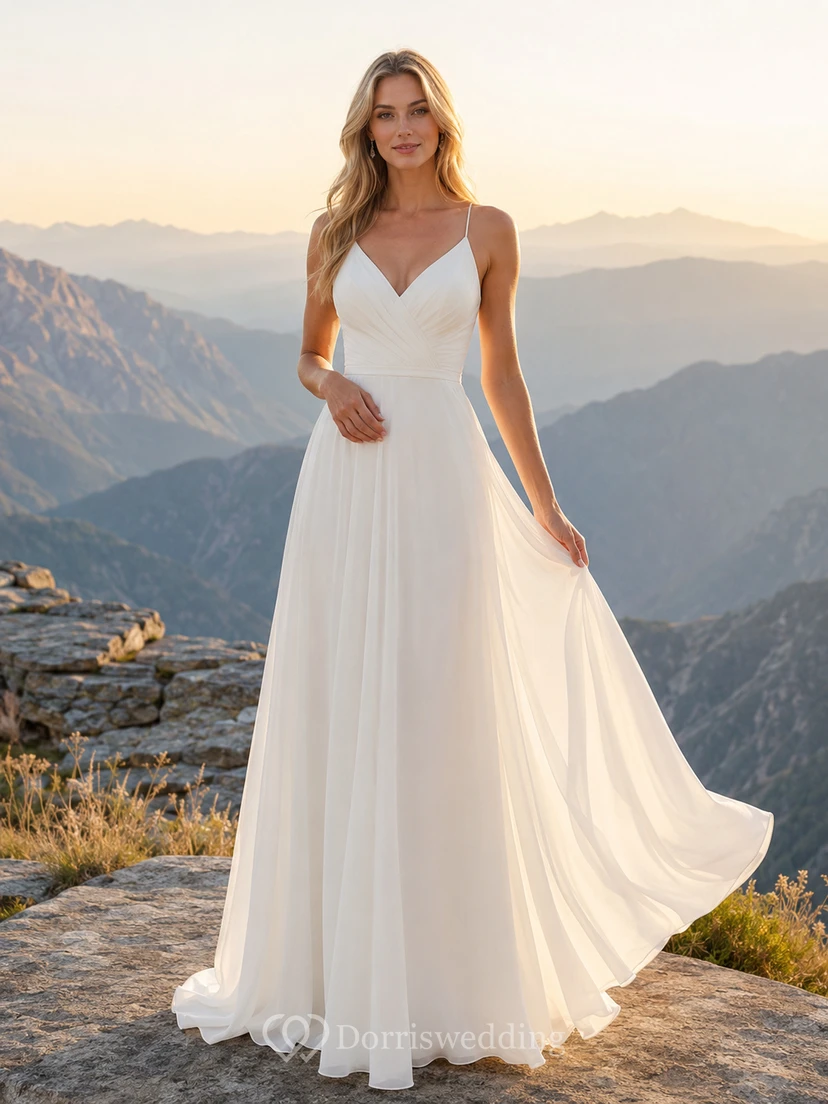 Mountain Spaghetti Strap Open Back Chiffon Wedding Dress