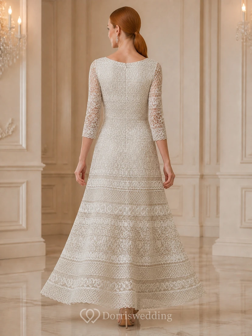 Vintage Modest Older Brides Lace A-Line Tea-length Bateau Three-Quarter Sleeve Mother Dress view 2