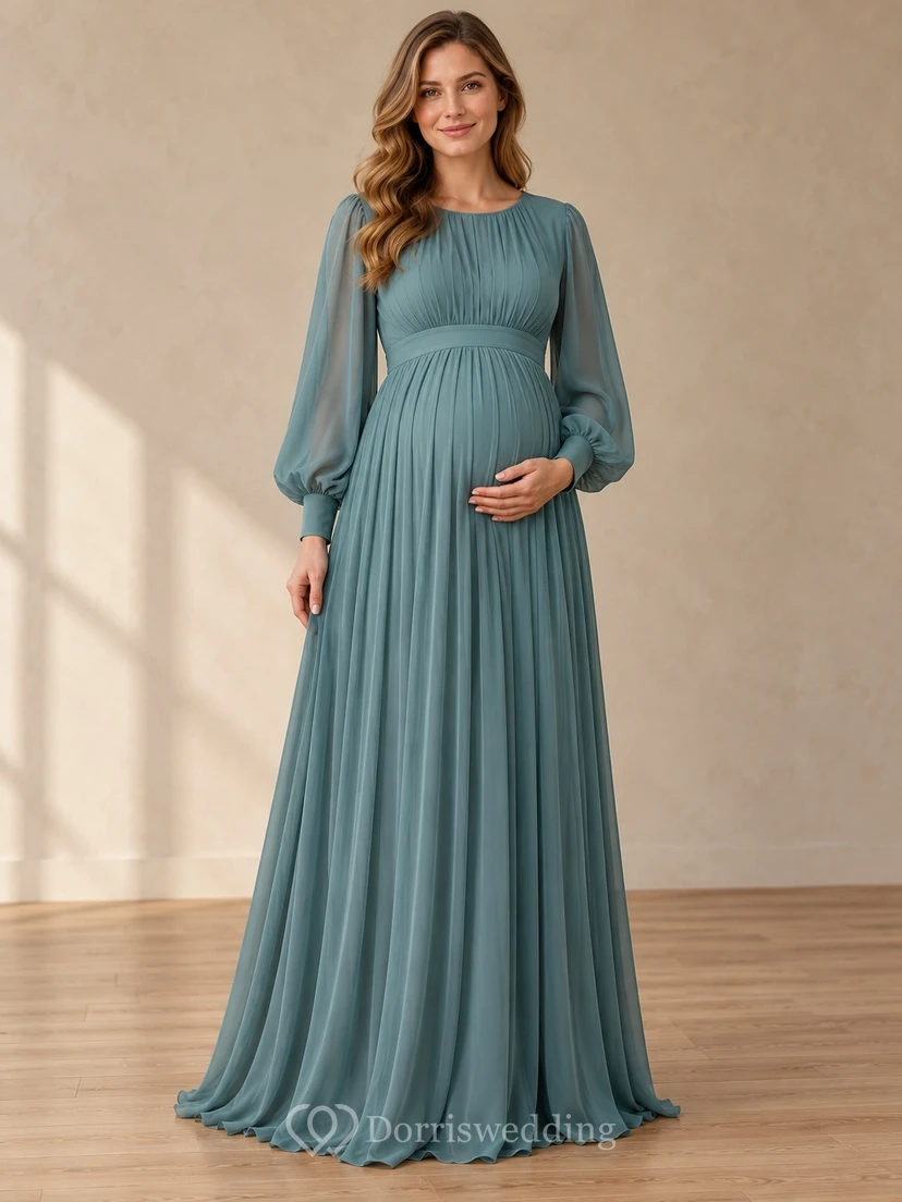 Maternity Long Sleeve Modest Spa Jewel Neck Pleated Chiffon Gown