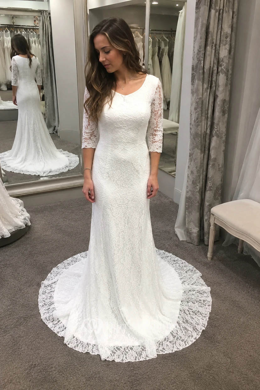 Ländlich-klassisches, schlichtes Brautkleid im Boho-Stil mit Spitze und langen Ärmeln view 5