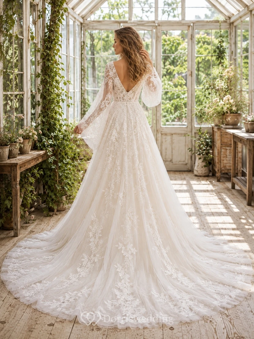Vestido de novia de corte A con escote en V y mangas largas, de encaje y cola catedral. view 2