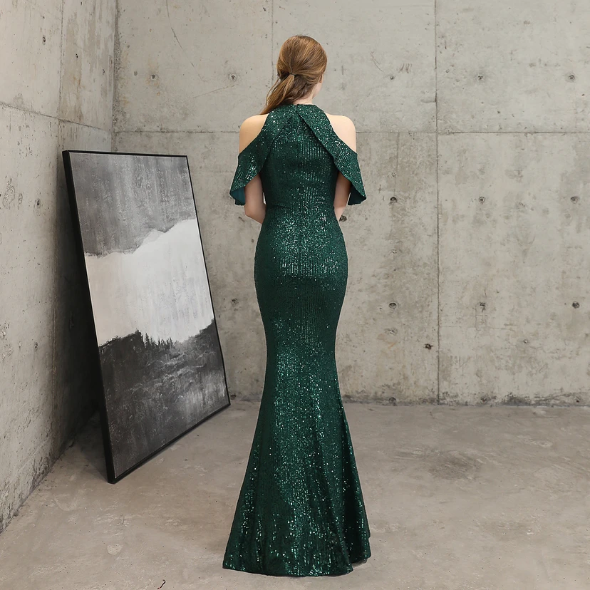 Banquet Temperament Elegant Long Short-Sleeved Sequin Aura Queen Fishtail Evening Dress view 6