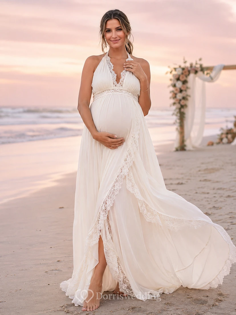 Vestido de novia de playa con escote halter y abertura frontal para embarazadas