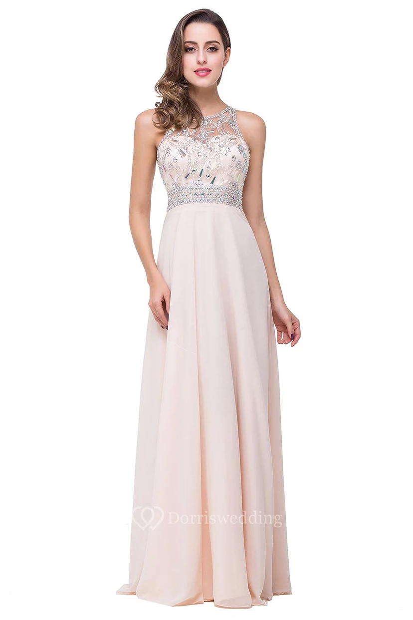 Elegant Beadings Chiffon A-line Prom Dress Zipper Illusion view 5