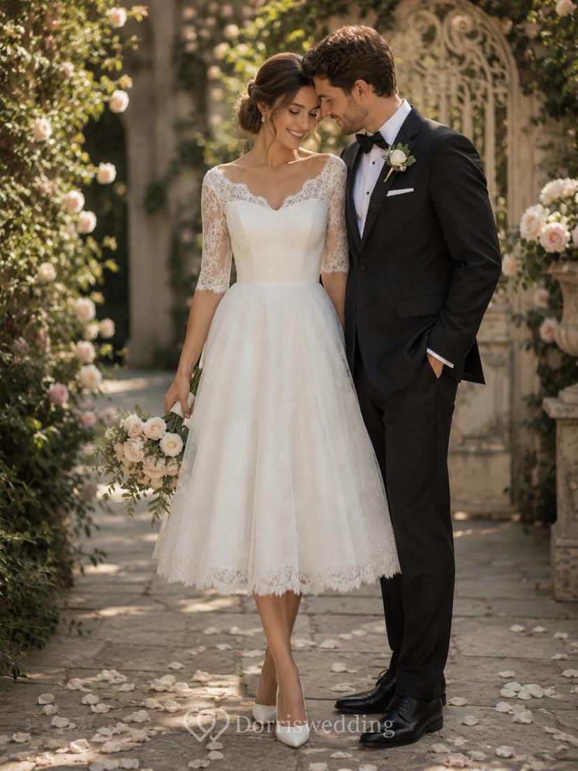 Vestido de novia de corte A con mangas de encaje y largo hasta la rodilla view 3