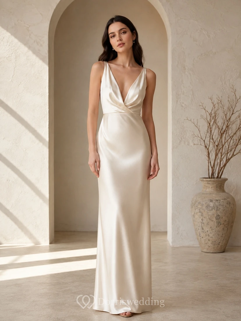 Sexy Brautkleid aus Satin mit Wasserfallausschnitt, V-Ausschnitt, Spaghettiträgern und bodenlang