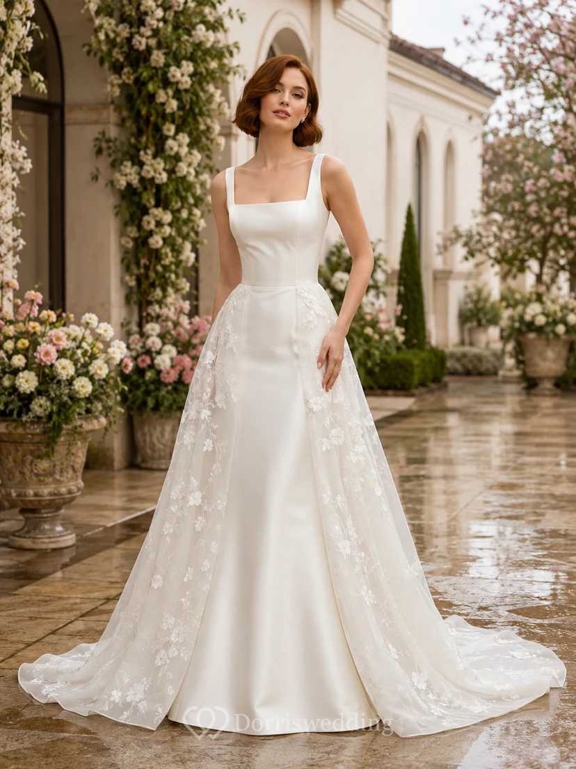 Robe de mariée en dentelle et tulle, coupe trapèze, col carré, sans manches, traîne, ornée d'appliqués