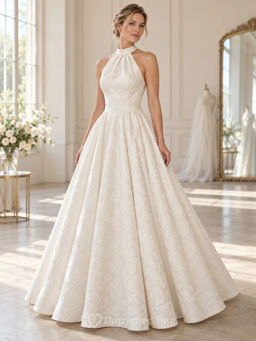 Vestido de novia romántico largo, sin mangas, con cuello alto, escote halter, estampado floral y corte en A.