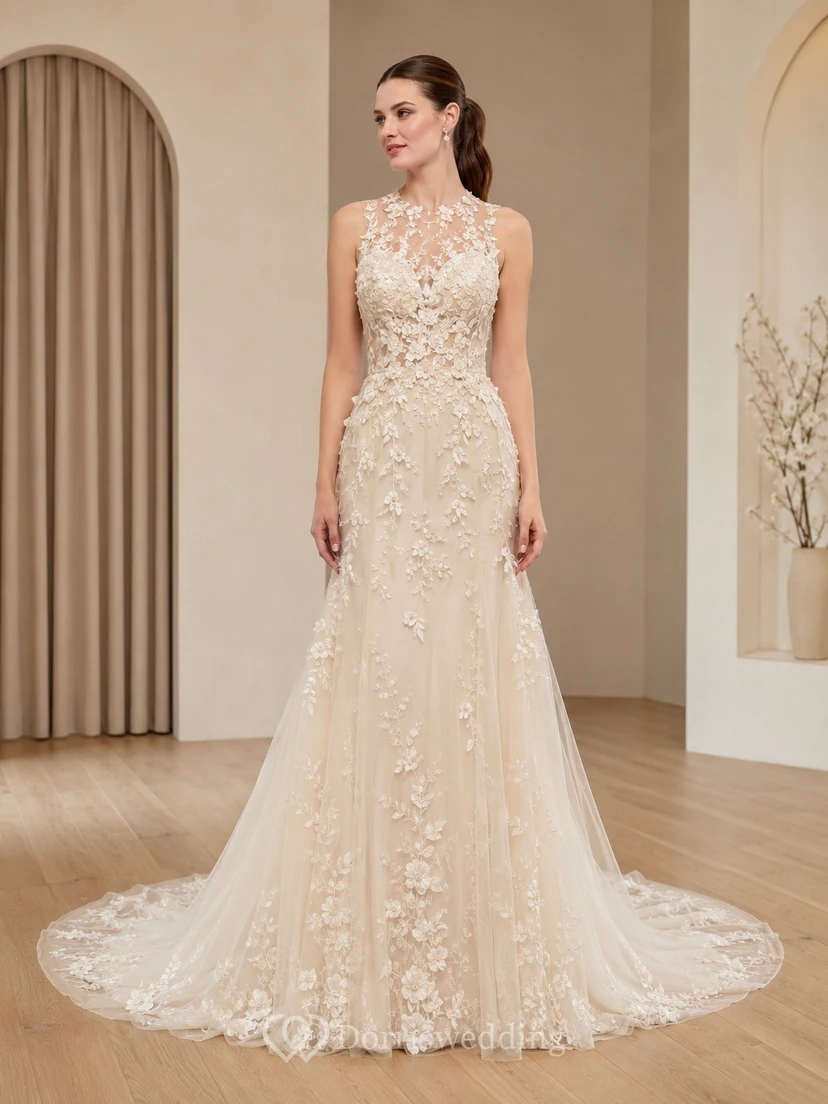 Vestido de novia elegante de novia con escote alto y encaje disperso, estilo sirena.