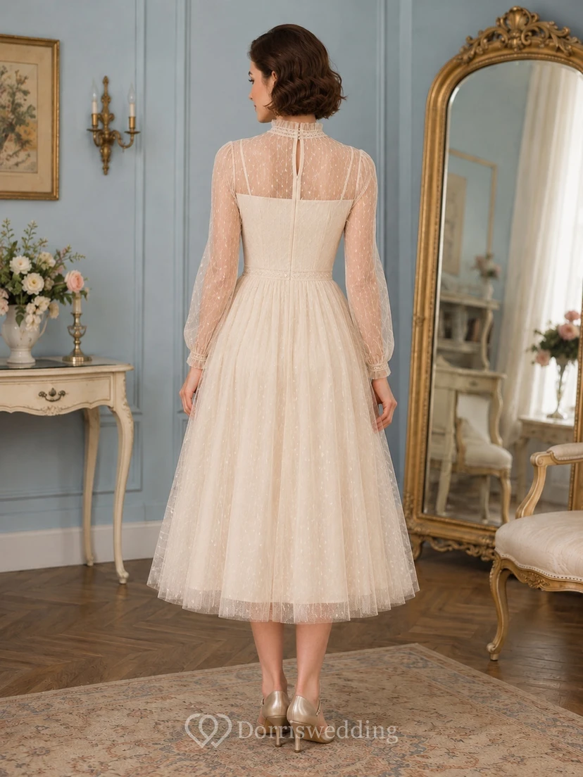 Champagnerfarbenes, hochgeschlossenes, langärmeliges A-Linien-Kleid in Teelänge im dezenten Vintage-Stil view 2
