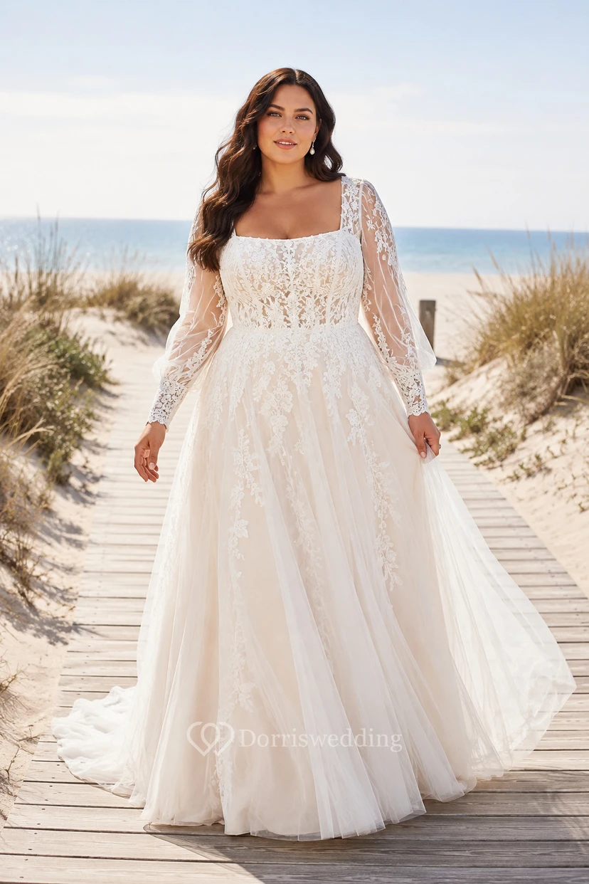 Plus Size Square Neck Long Sleeve Lace Beach Wedding Dress with Train