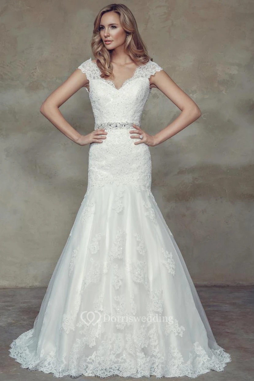 Mermaid Cap-Sleeve Jeweled V-Neck Lace Wedding Dress