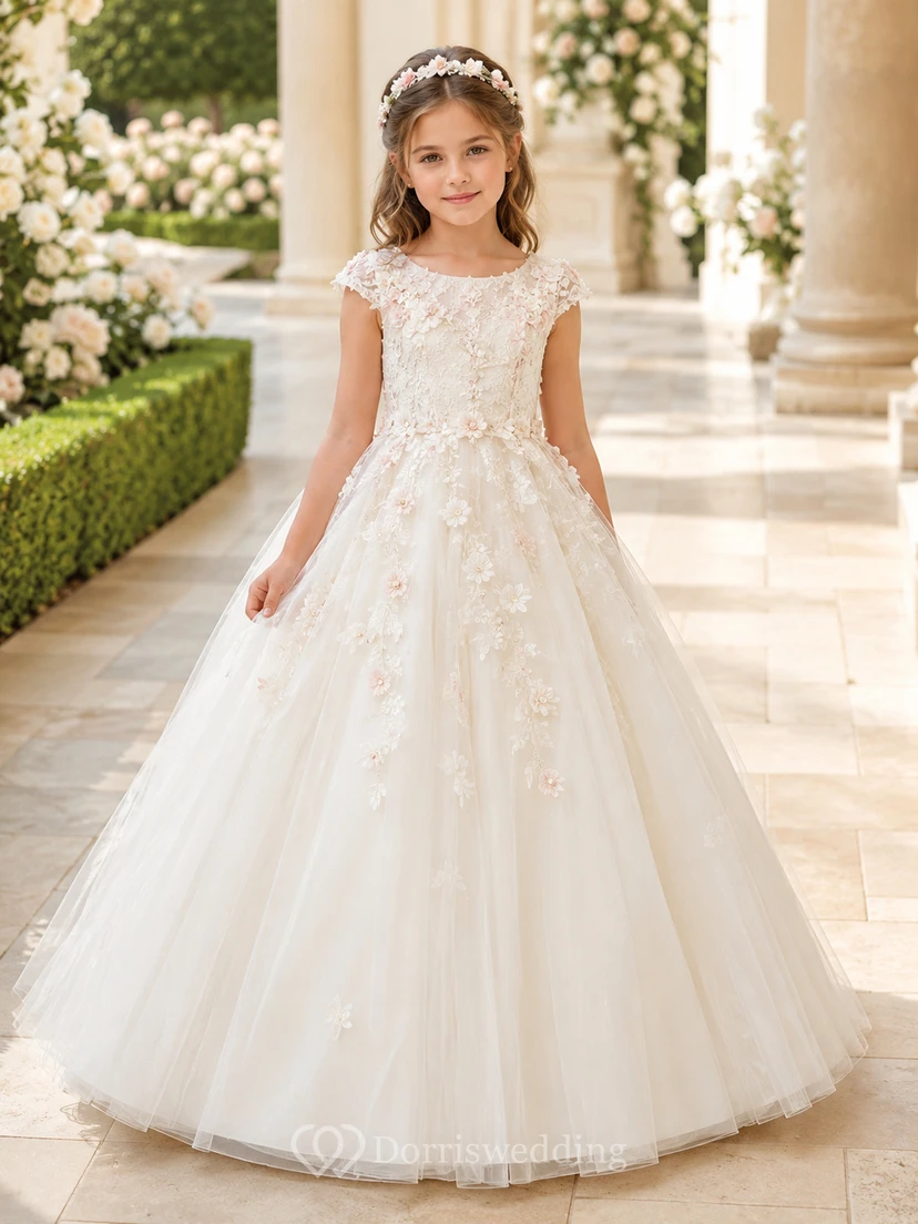 Flower Girl Dress Ivory Lace Tulle Ball Gown Jewel Neck Floor Length Sash Detail
