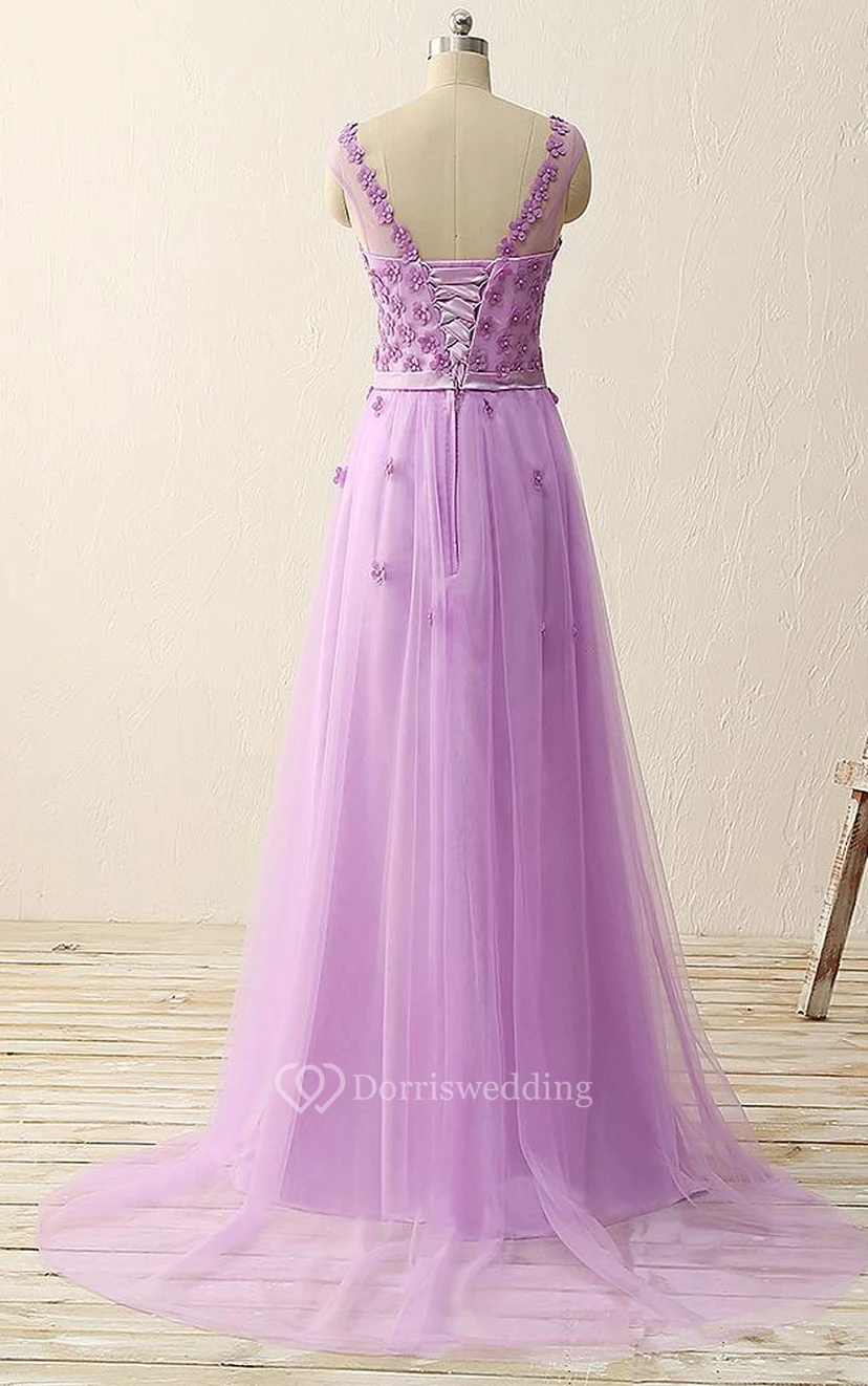 Long Cap Flower A-line Tulle Dress with Illusion Style view 2