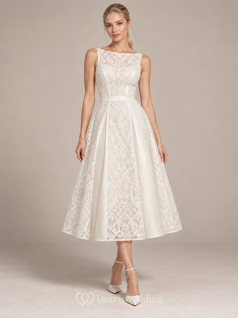 Tea-length Jewel Neck Sleeveless Geometric Lace Panel Wedding Dress