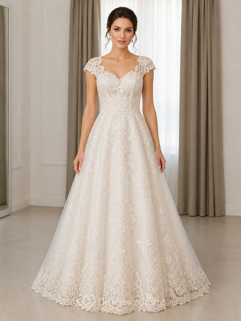 Vestido de novia vintage de talla grande con escote corazón, encaje y mangas cortas, estilo princesa.