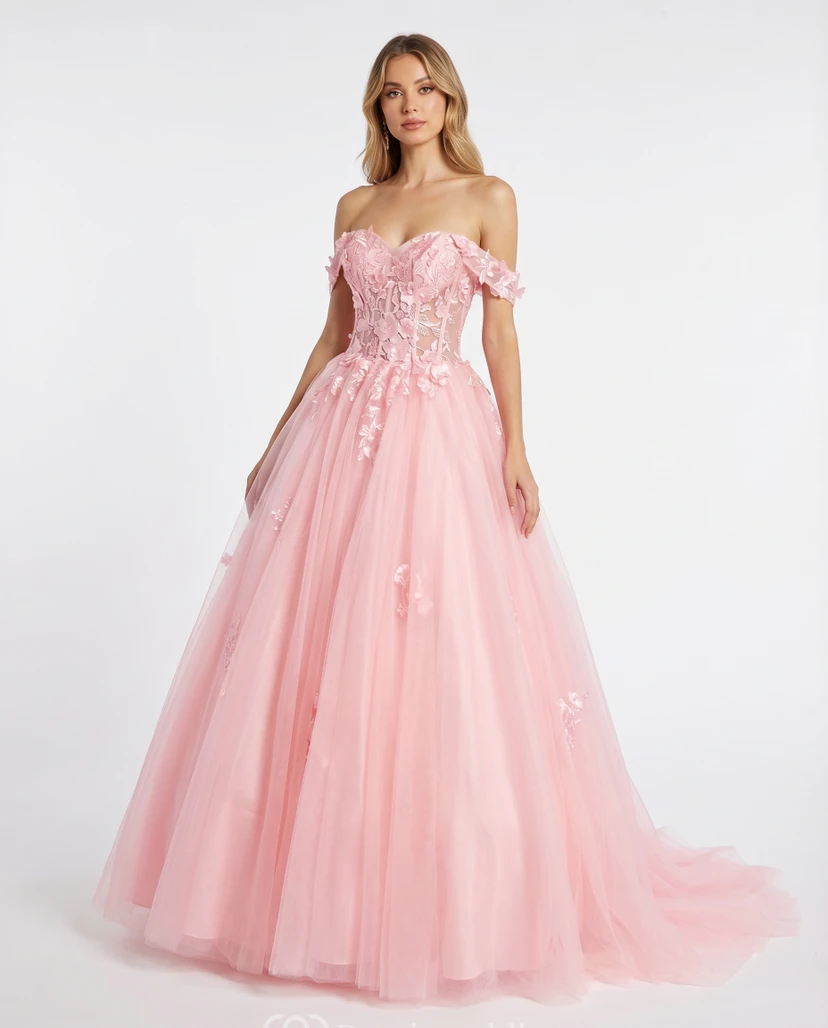 Zartrosa Ballkleid, schulterfrei, aus Tüll mit Spitzenapplikationen